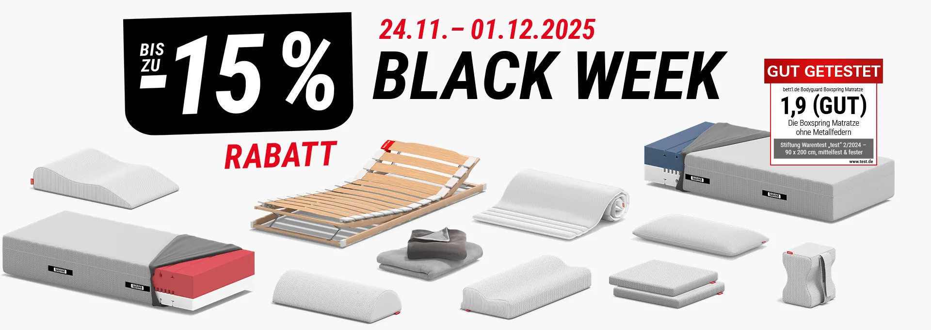 Zusammenstellung der Produkte in der Blackweek vom 24.11.-01.12.2025, daneben Text: bis zu 15 % Rabatt