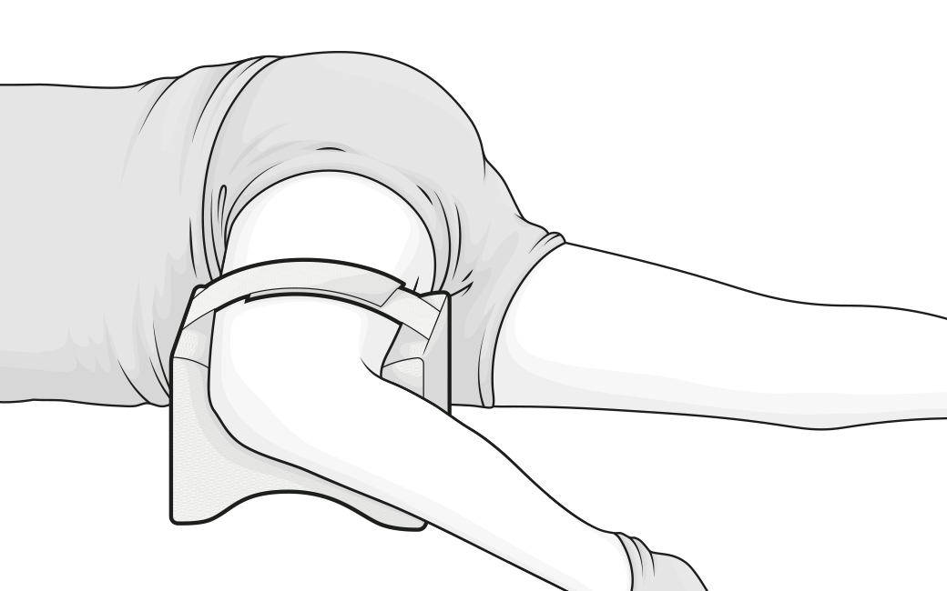 Illustration: Eine Person in Seitenlage hat ein Bein angewinkelt auf dem Kniekissen abgelegt und das andere flach daneben ausgestreckt.	