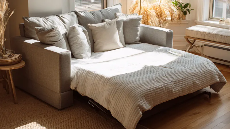 Foto: Eine aufgeklappte Ausziehcouch mit Tagesdecke und vielen Kissen darauf.