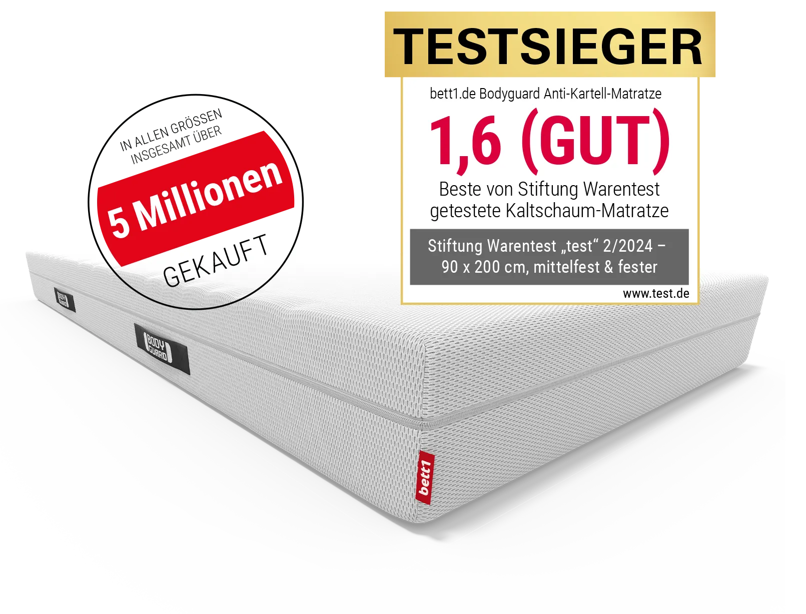 BODYGUARD® Anti-Kartell-Matratze. Text: in allen Größen insgesamt über 5 Mio. gekauft. Siegel Stiftung Warentest.