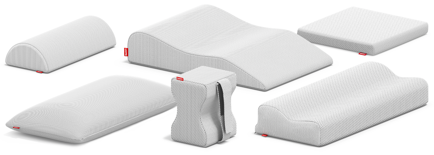 Eine Zusammenstellung der BODYGUARD Kissen von bett1: Nackenstützkissen, Visco-Kissen, Kniekissen, Nackenrolle und Venenkissen