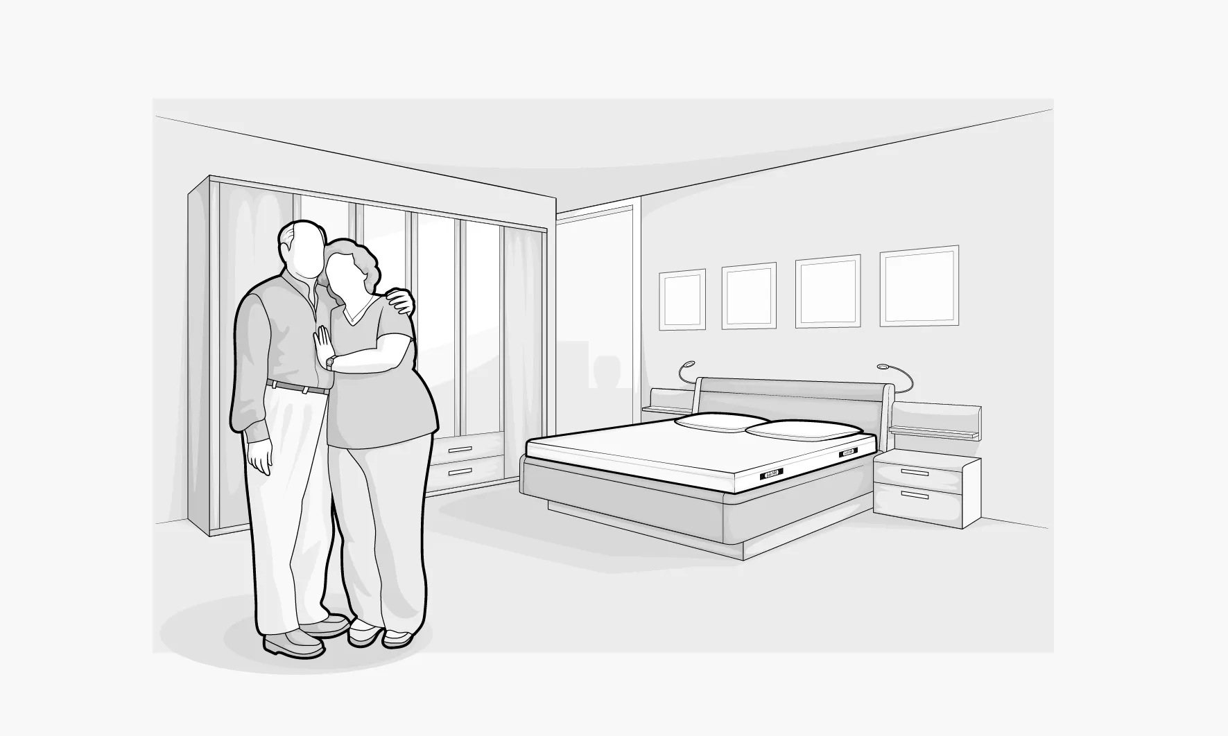 Illustration: Zwei ältere Personen stehen in einem Schlafzimmer mit Doppelbett samt BODYGUARD® Matratze und halten einander im Arm.	