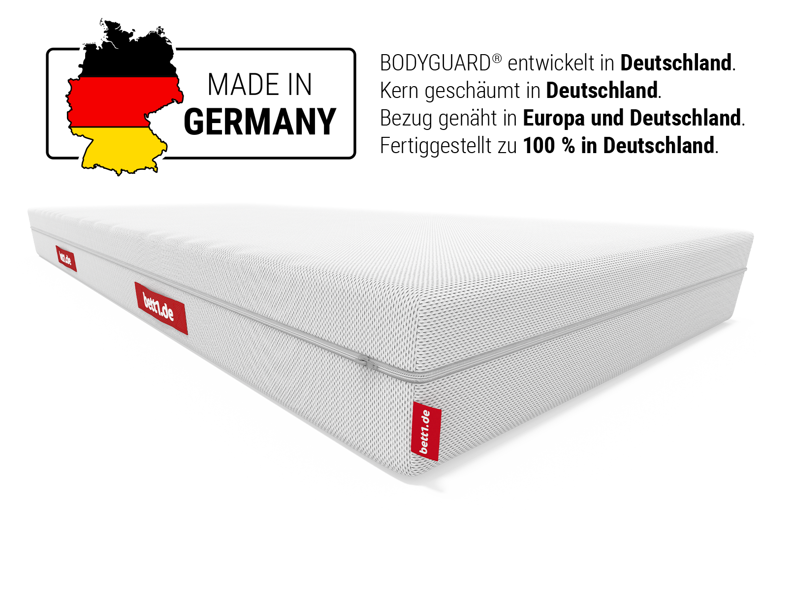BODYGUARD® Anti-Kartell-Matratze: Deutschlandkarte: Made in Germany: BODYGUARD® entwickelt in Deutschland. Kern geschäumt in Deutschland. Bezug genäht in Europa und Deutschland. Fertiggestellt zu 100% in Deutschland