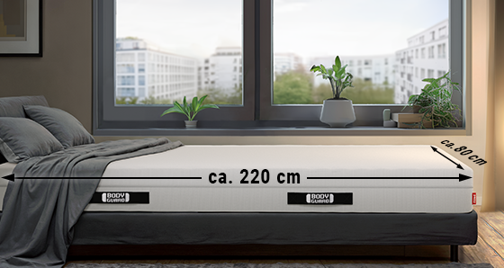 Eine Matratze 80x220 cm liegt in einem Bett. An den Seiten stehen jeweils die Maße.