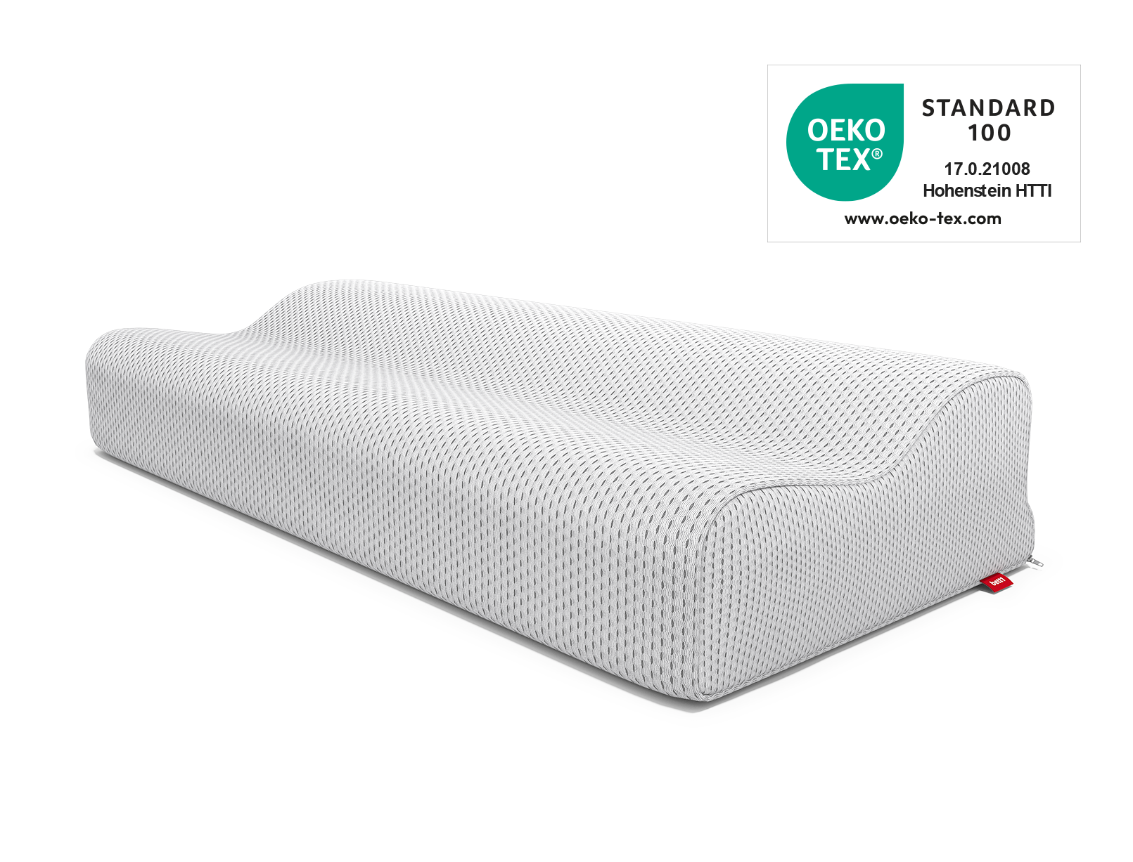 Das BODYGUARD® Nackenstützkissen. Daneben das Oeko-Tex® Standard 100 Siegel.	