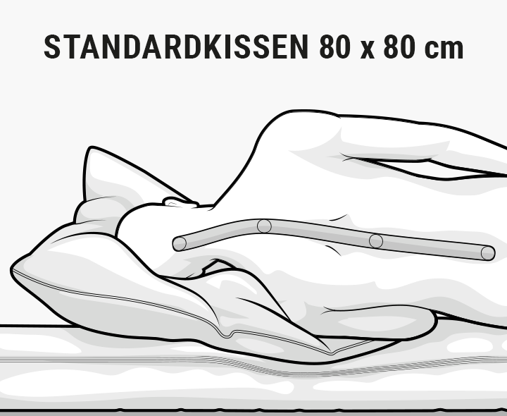 Illustration: ein Mensch liegt auf einem Kissen, Wirbelsäule ist eingezeichnet und abgeknickt Text: Standardkissen 80x80 cm