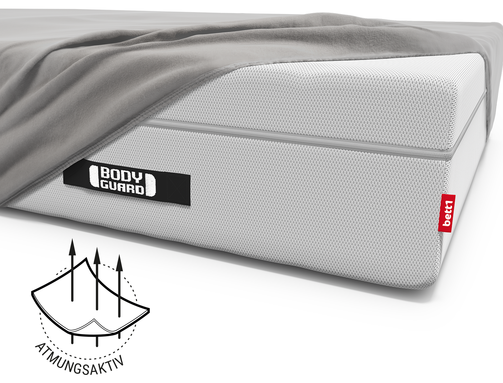Die BODYGUARD® Boxspring Matratze bezogen mit dem Spannbettlaken extra hoch. Illustration des Stoffes, durch den drei Pfeile gehen. Text: atmungsaktiv	