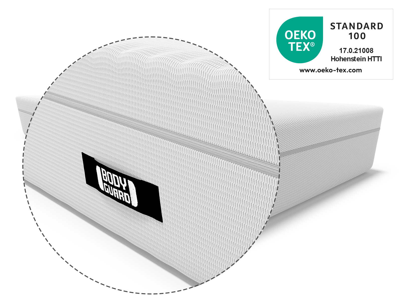 BODYGUARD®  Boxspring Matratze Weich: Zoom auf Griff. Oeko-Tex® Siegel. 	
