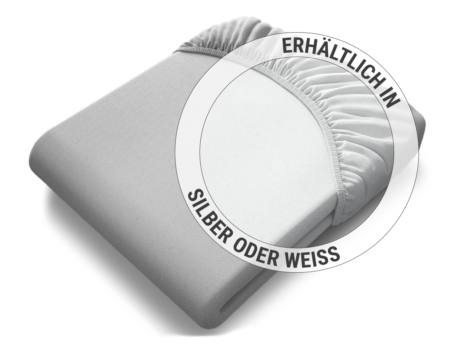 Das zusammengelegte BODYGUARD® Jersey-Spannbettlaken in Silber: Zoom auf das Laken in der weißen Farbvariante; Text Erhältlich in Silber oder Weiß
