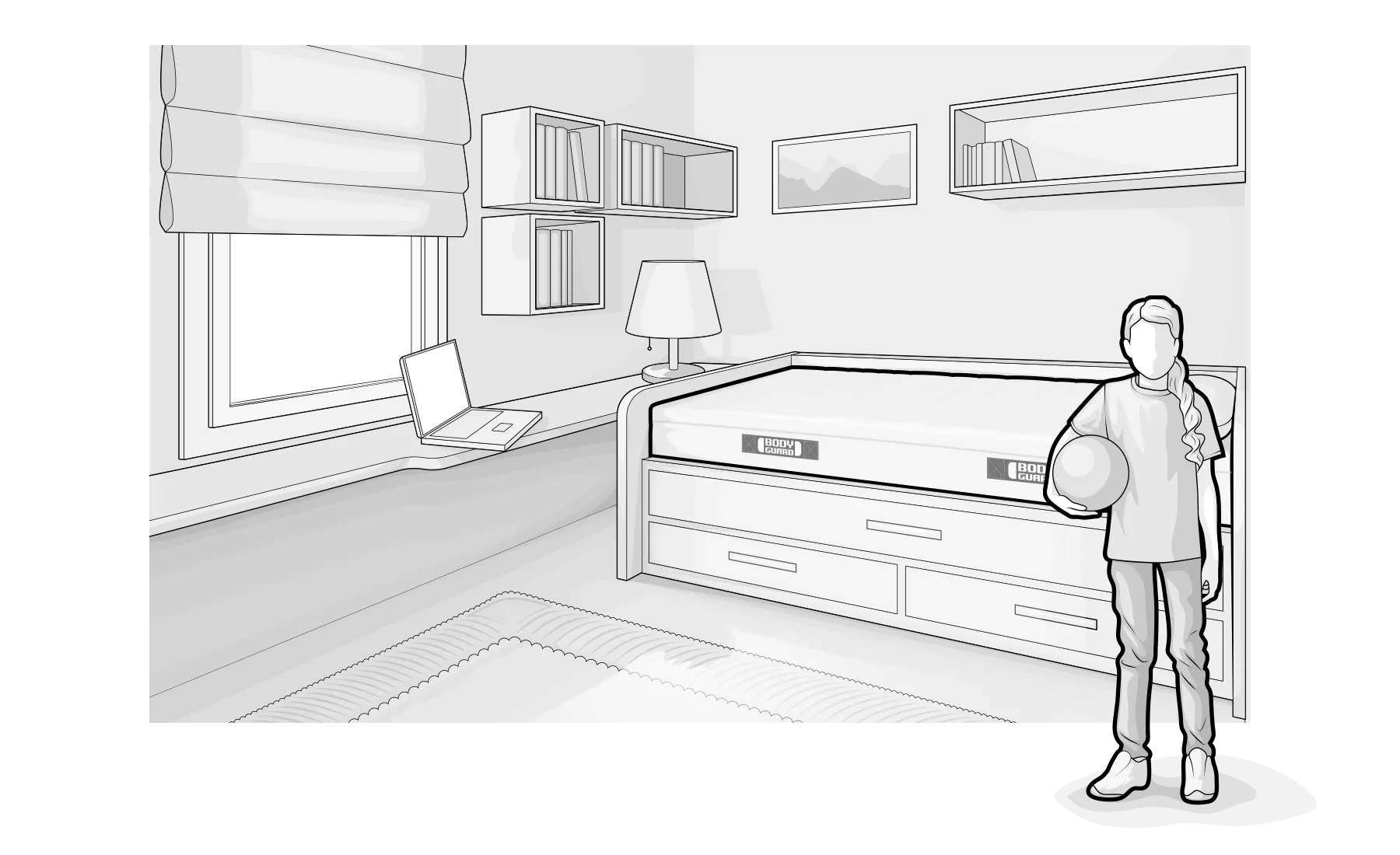 Illustration: Ein Kind mit Ball unterm Arm steht in einem Kinderzimmer mit Einzelbett samt BODYGUARD® Matratze.