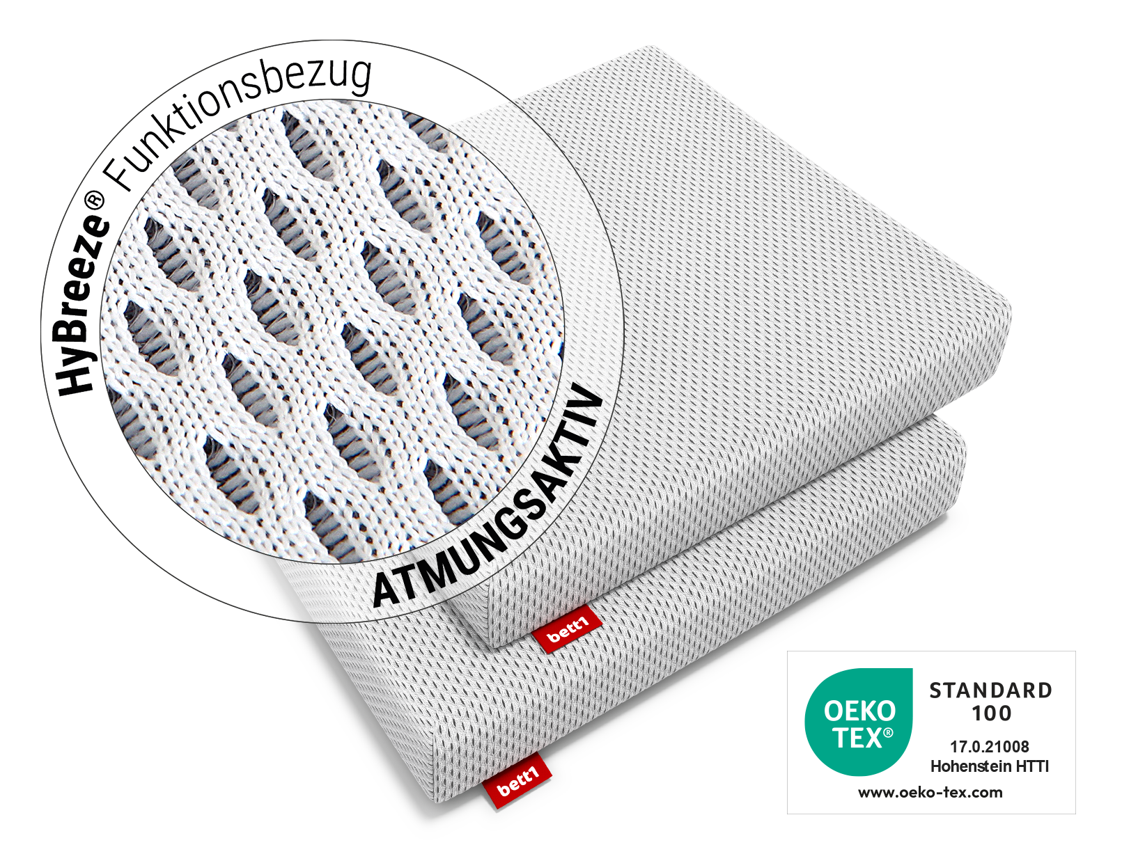 Zwei BODYGUARD®Sitzkissen aufeinanderliegend. Zoom auf Bezug. Text: HyBreeze® Funktionsbezug/atmungsaktiv. Daneben das Oeko-Tex® Standard 100 Siegel.