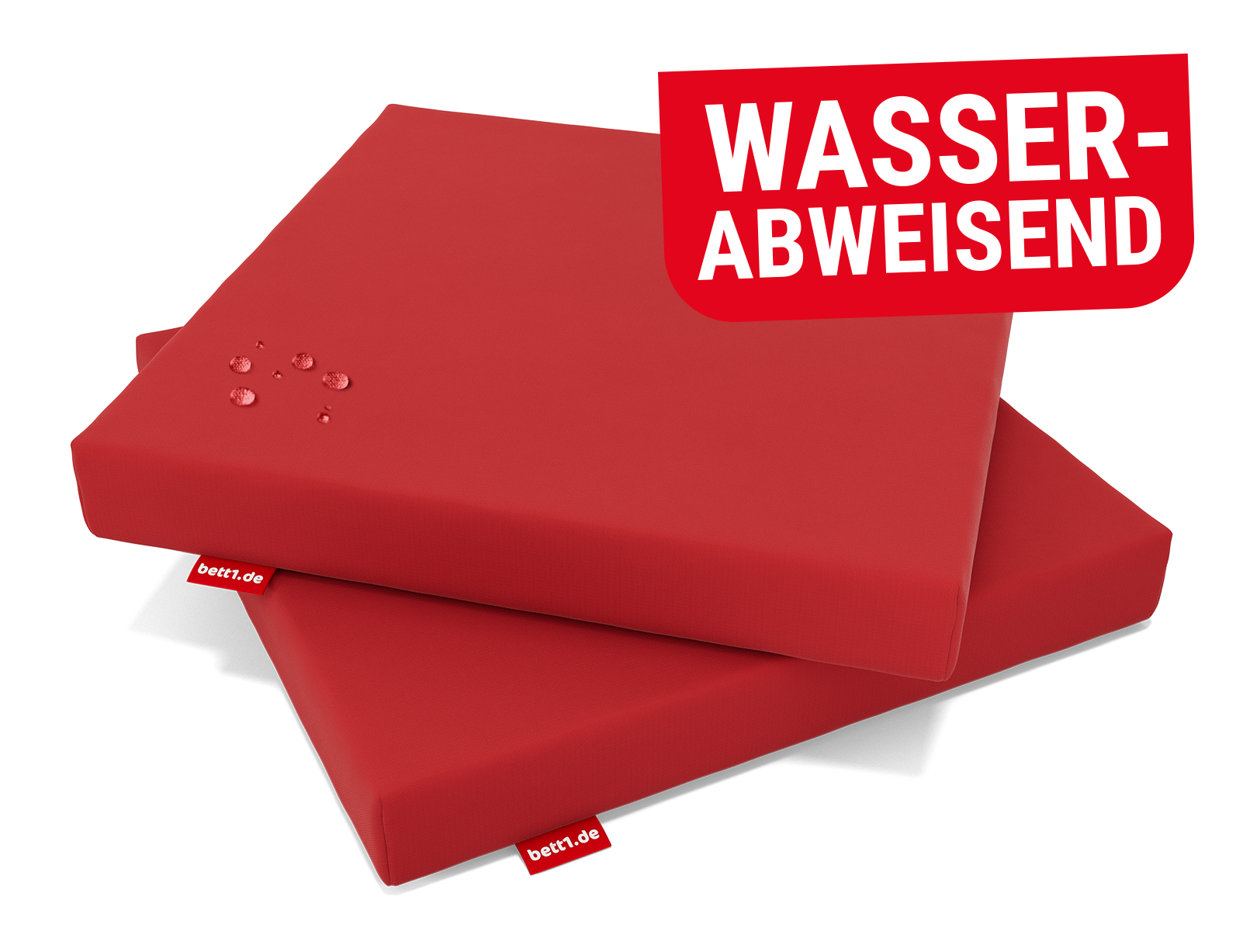 Zwei RAINGUARD Sitzkissen aufeinander liegend. Abperlende Wassertropfen auf der Oberseite. Text: Wasserabweisend