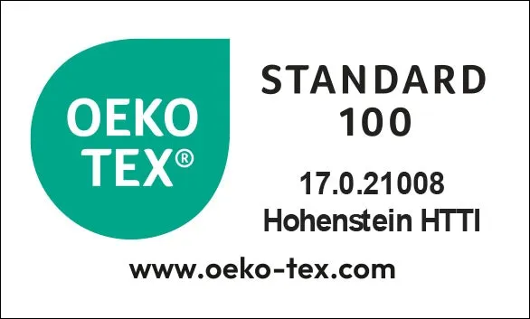 Das Oeko-Tex®-Siegel inklusive Schriftzug: „Standard 100, 17.0.21008, Hohenstein HTTI, www.oekotex.com“.