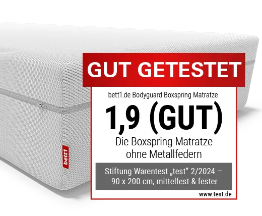 BODYGUARD® BoxspringMatratze. Eine rote Wanne mit Text: 100 % Vollschaum. Ein Icon durchgestrichene Metallfeder mit Text: ohne Metallfedern.
