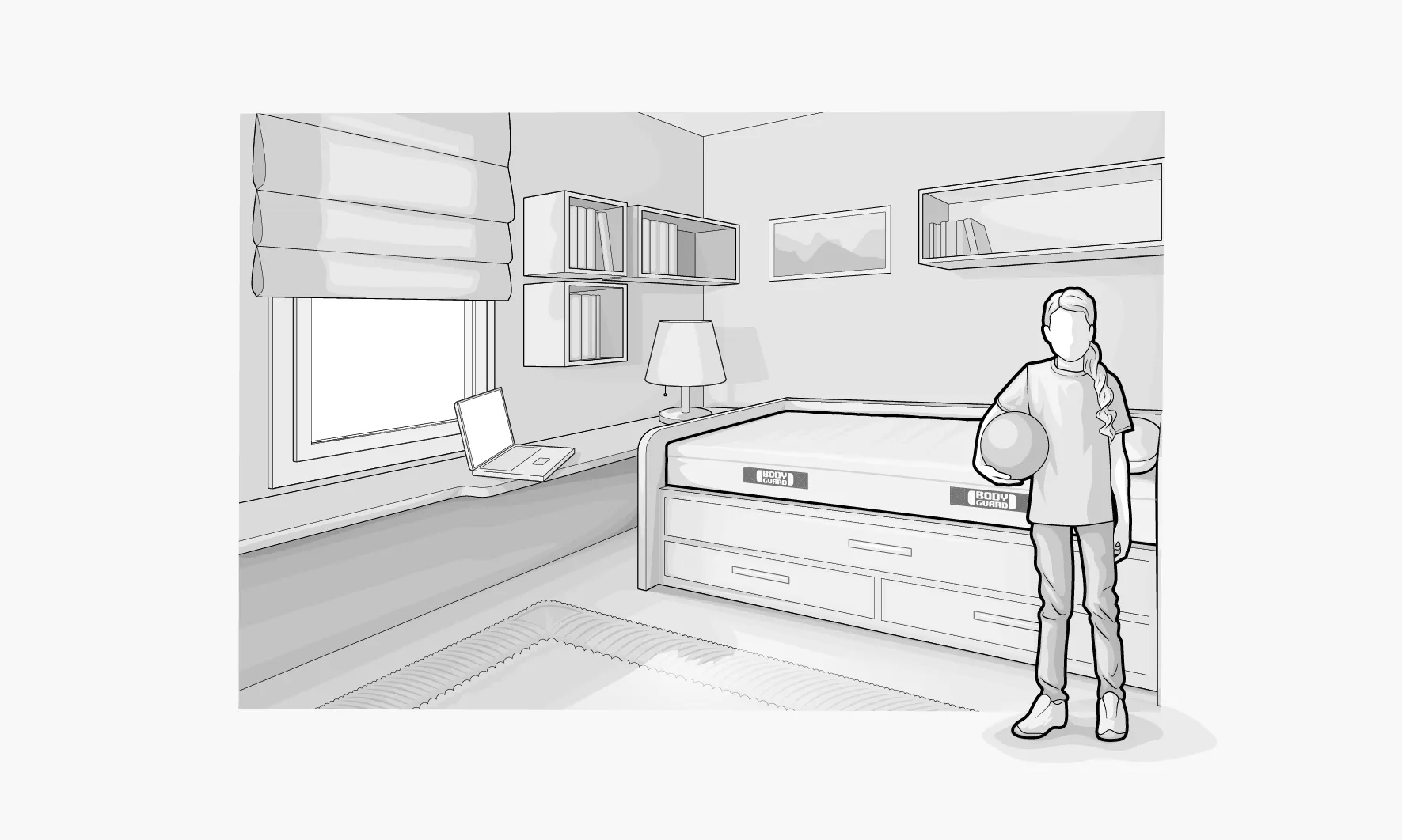 Illustration: Ein Kind mit Ball unterm Arm steht in einem Kinderzimmer mit Einzelbett samt BODYGUARD® Matratze.	