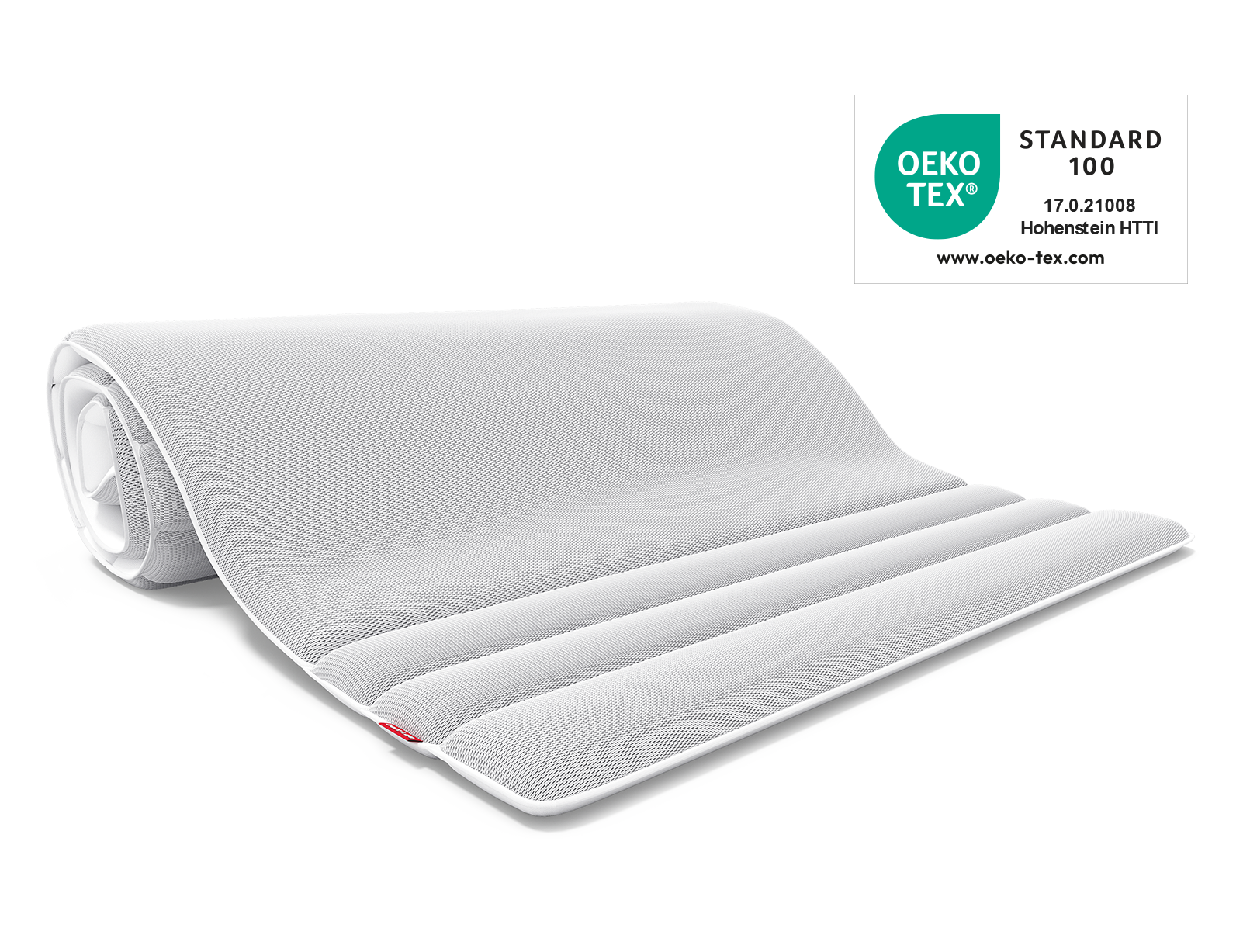 Der BODYGUARD® Topper. Daneben das Oeko-Tex® Standard 100 Siegel	