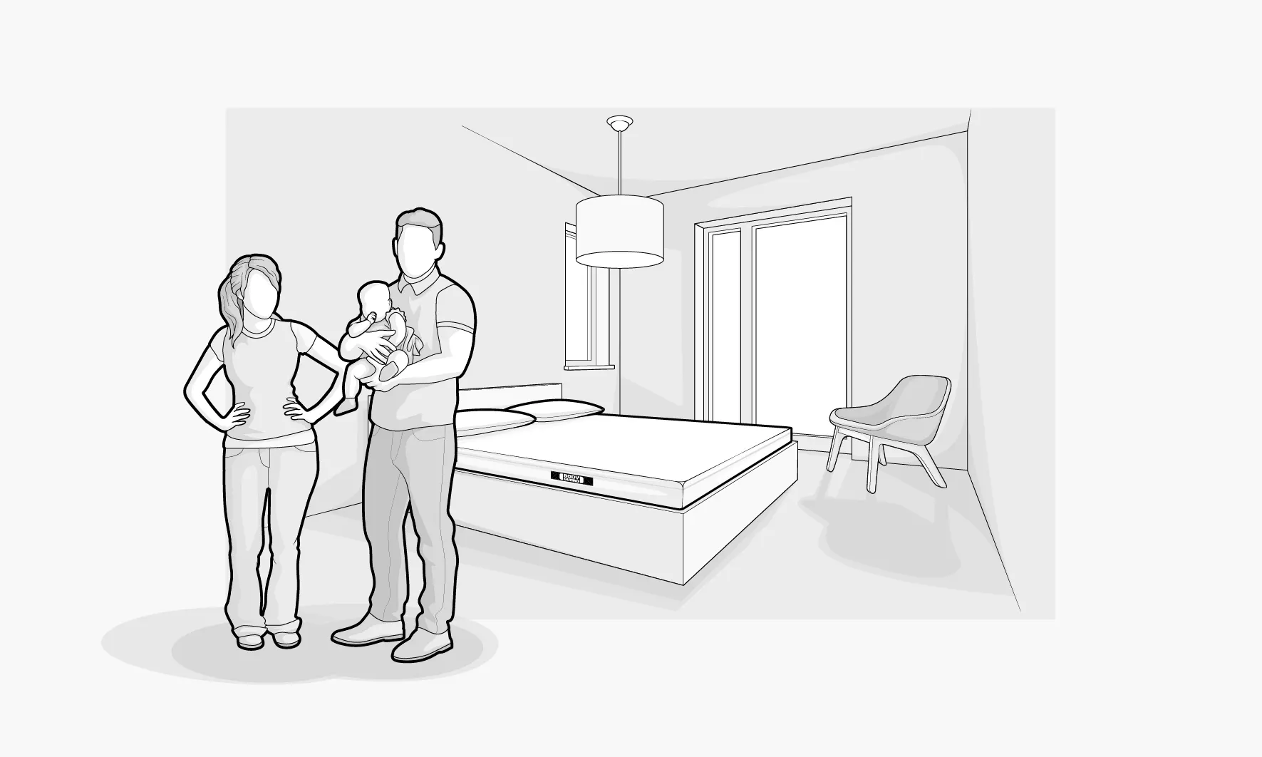 Illustration: Zwei junge Erwachsene stehen in einem Schlafzimmer mit Doppelbett samt BODYGUARD® Matratze; eine Person hält ein Baby auf dem Arm.	