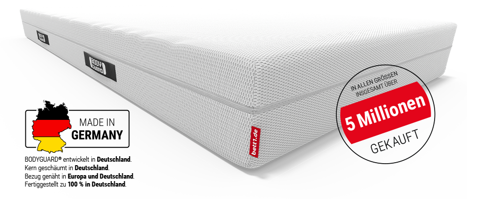 BODYGUARD® Anti-Kartell-Matratze. Text: in allen Größen insgesamt über 5 Mio. gekauft. Siegel Stiftung Warentest.