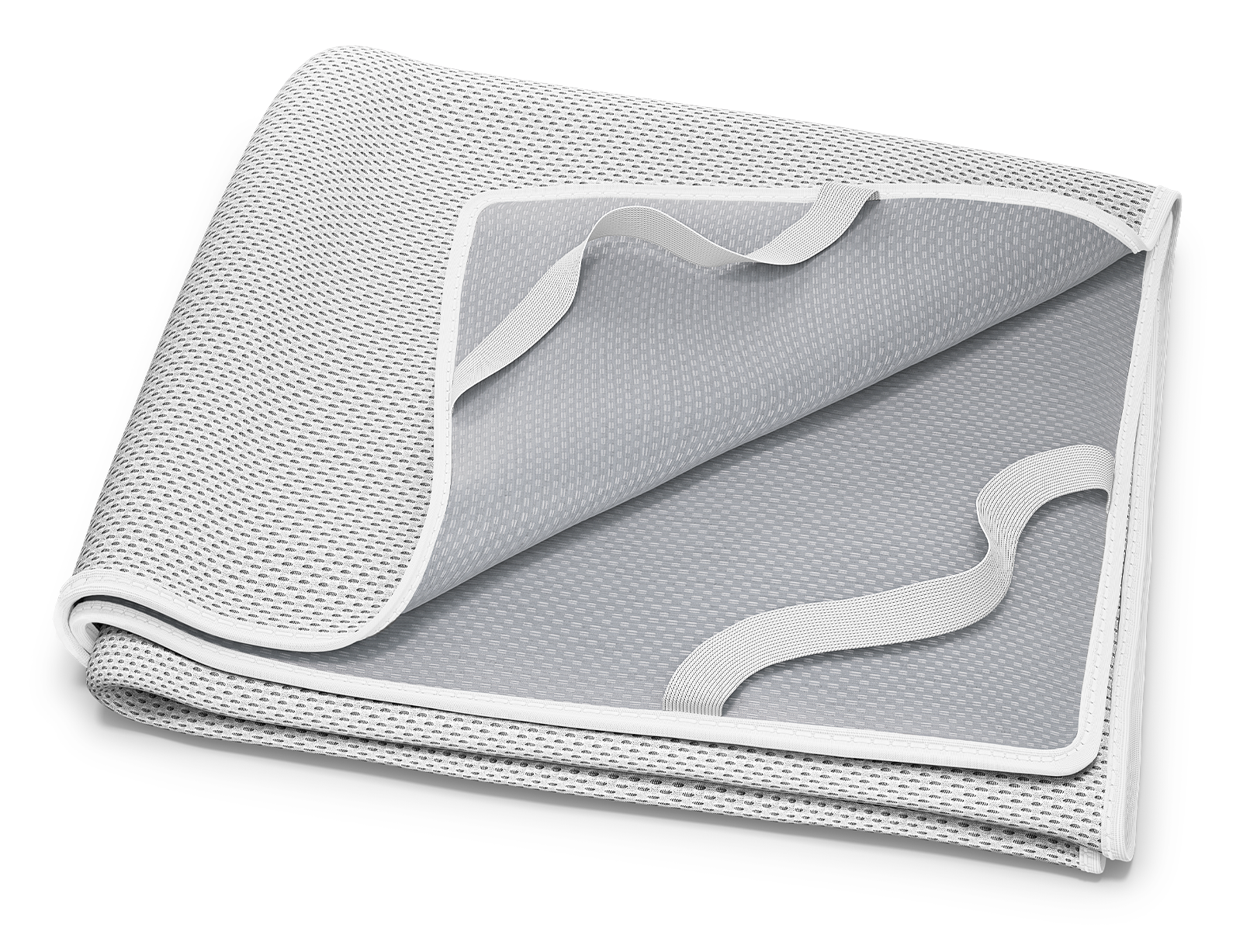 Die zusammengelegte BODYGUARD® Inkontinenzauflage: eine hochgeklappte Ecke zeigt die beschichtete Unterseite und die Befestigungsschlaufen.