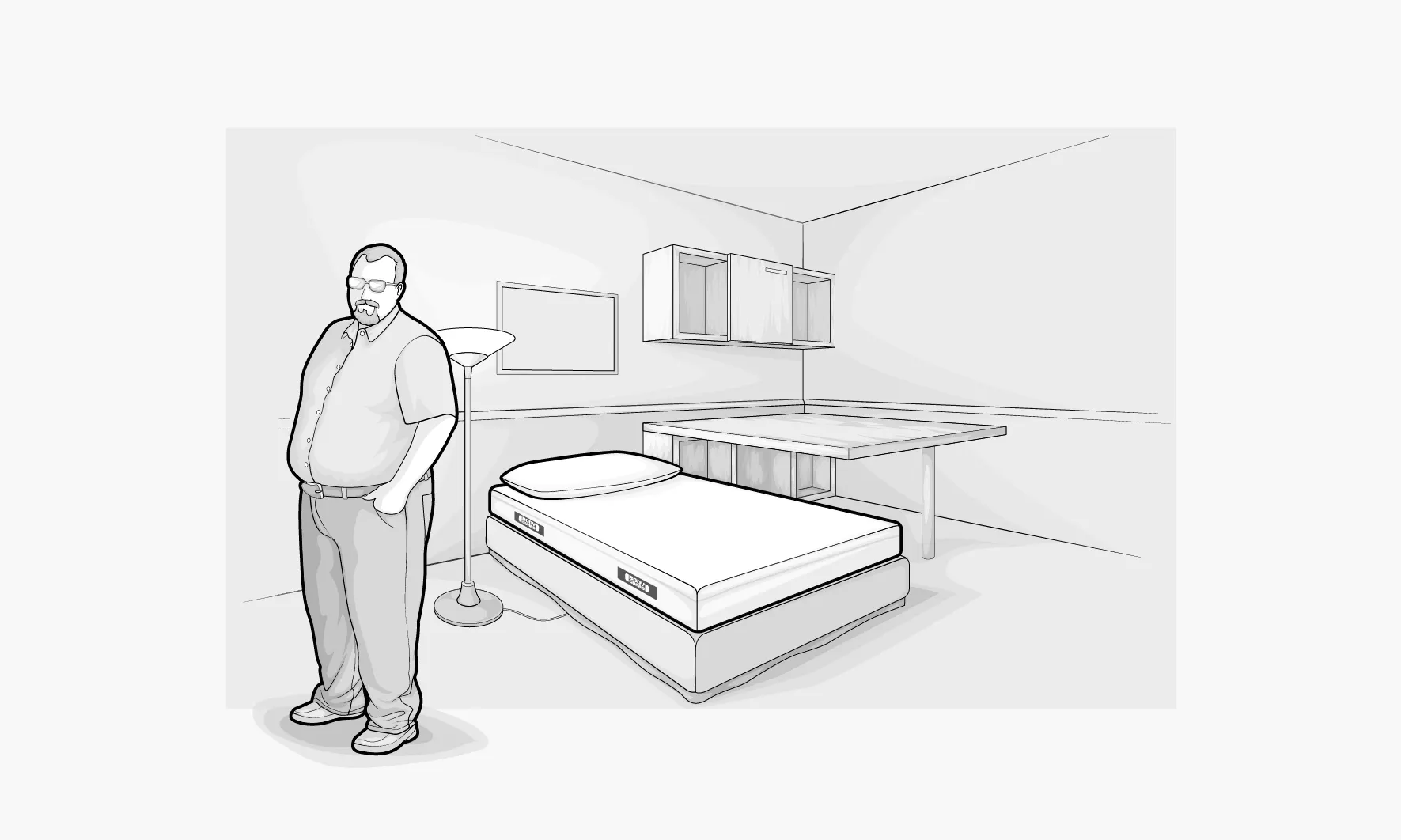 Illustration: Eine Person breiter Statur mit ausgeprägtem Bauch steht in einem Zimmer mit Einzelbett samt BODYGUARD® Matratze.	