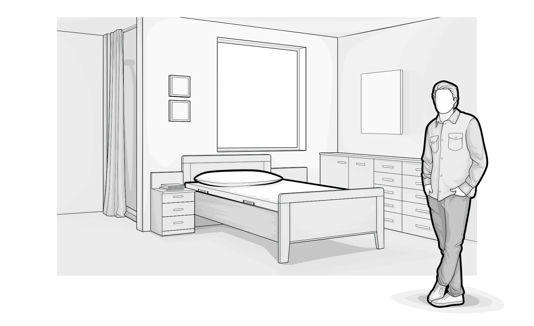 Illustration: Eine jugendlich gekleidete Person steht in einem Schlafzimmer mit Einzelbett samt BODYGUARD® Matratze.