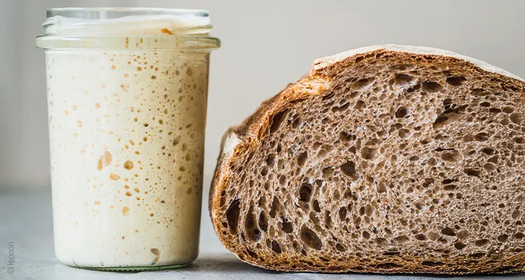 Foto: Neben einem aufgeschnittenen Brot steht ein Glas mit Sauerteig. Bei beiden sind Gasbläschen und Poren sichtbar.