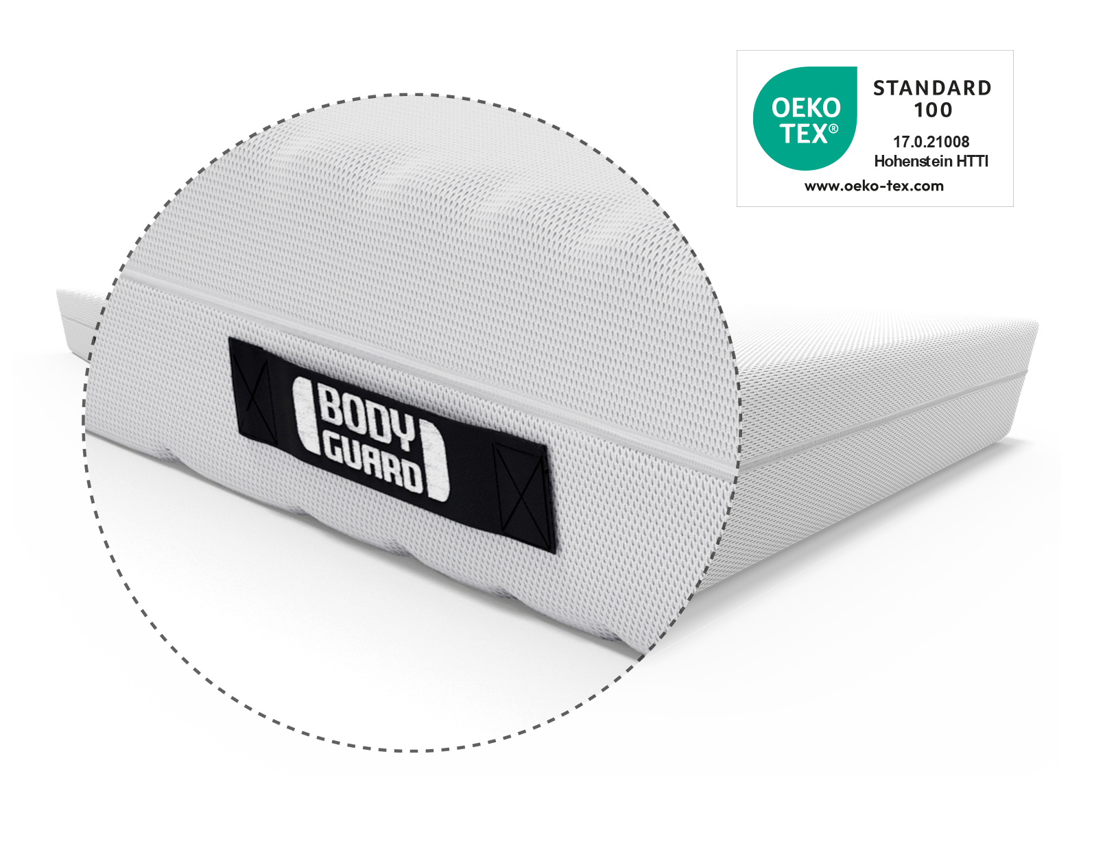 BODYGUARD® Anti-Kartell-Matratze: Zoom auf Griff. Oeko-Tex® Siegel.