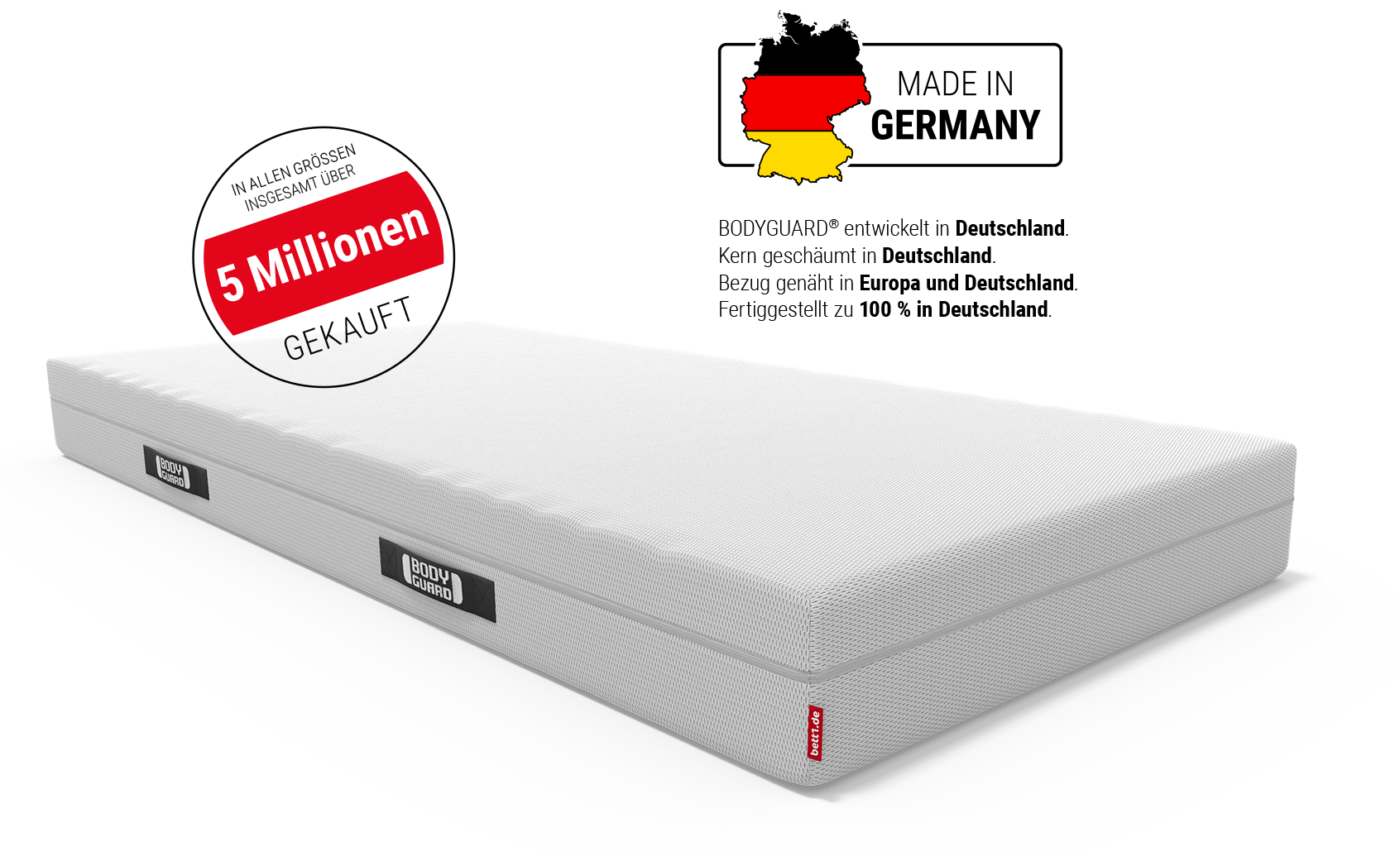 BODYGUARD® Anti-Kartell-Matratze. Text: in allen Größen insgesamt über 5 Mio. gekauft. Siegel Stiftung Warentest.	