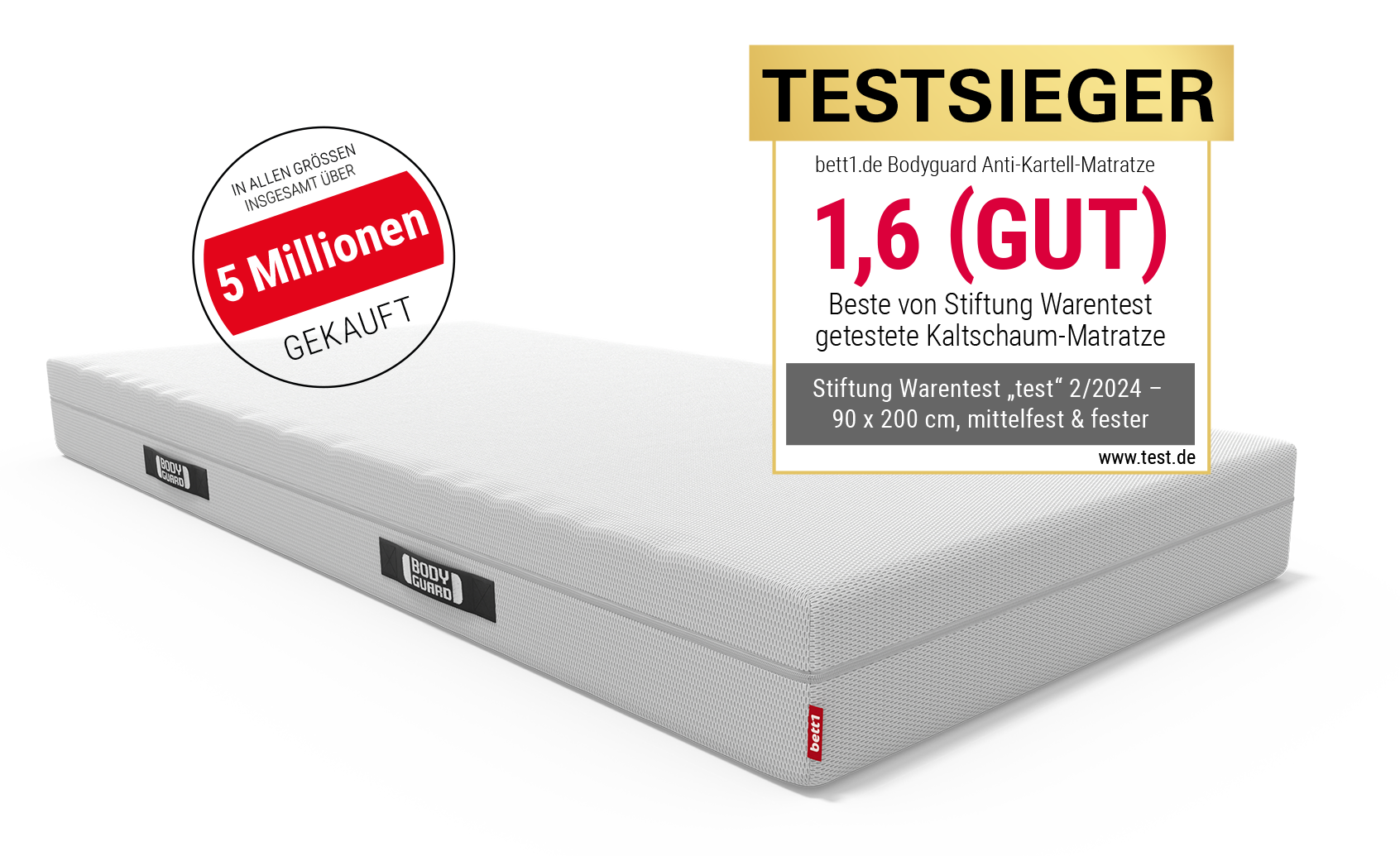 BODYGUARD® Anti-Kartell-Matratze. Text: in allen Größen insgesamt über 5 Mio. gekauft. Siegel Stiftung Warentest.	