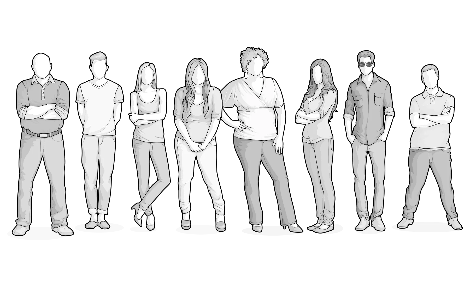 Illustration: Acht Personen mit unterschiedlichen Körpertypen – von groß bis klein und schmal bis breit.