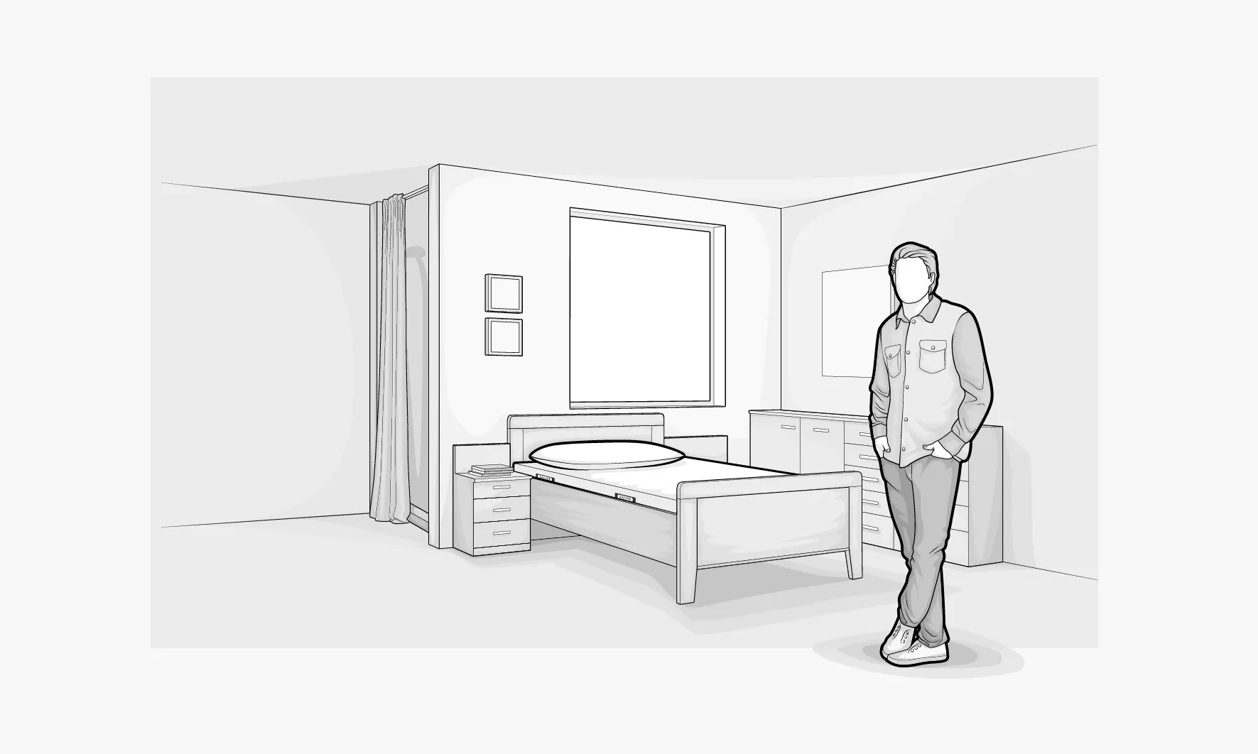 Illustration: Eine jugendlich gekleidete Person steht in einem Schlafzimmer mit Einzelbett samt BODYGUARD® Matratze.	