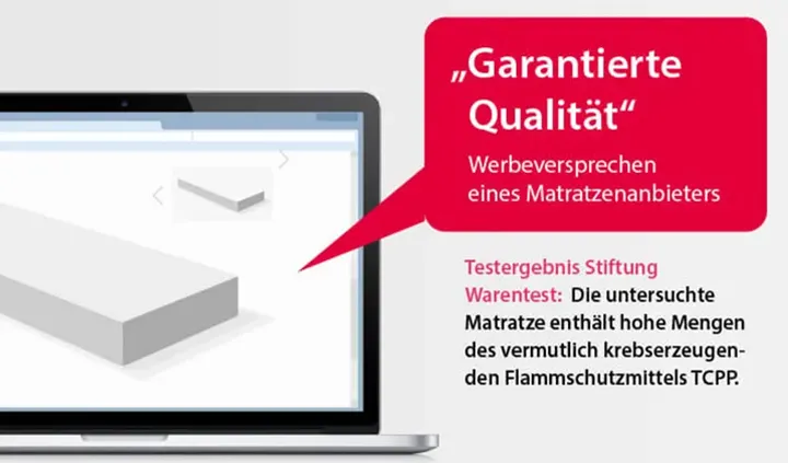 Grafik: Ein aufgeklappter Laptop. Recht eine Sprechblase. Text: Garantierte Qualität, Werbeversprechen eines Matratzenanbieters