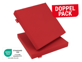 Zwei RAINGUARD Sitzkissen, eins hochkant, eins liegend. Text: Doppelpack. Siegel: Oeko-Tex