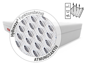BODYGUARD® Boxspring Matratze Weich weich: Zoom auf Matratzenbezug. Text: HyBreeze® Funktionsbezug/atmungsaktiv. Illustration: Pfeile dringen durch die Poren eines Stoffstücks	