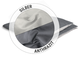 Die SOFT BREEZE® Satin-Bettwäsche: Ein Ausschnitt zeigt in einer Hälfte die silberne, in der anderen die anthrazitfarbene Seite des Satin-Stoffs. Text: Silber/Anthrazit
