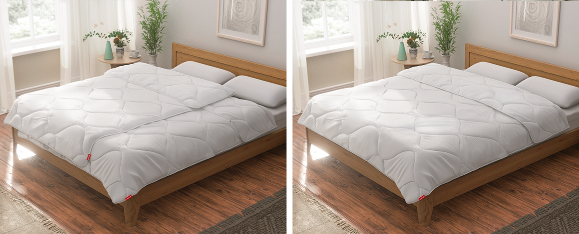 Zwei Abbildungen eines hellen, modern eingerichteten Schlafzimmers mit Doppelbett. Auf der linken Abbildung zwei Einzeldecken auf dem Bett, rechts eine durchgehende Paardecke.