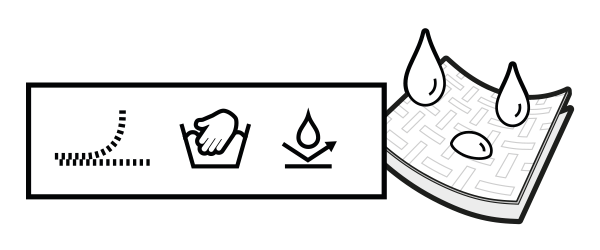 Illustration: Tropfen fallen auf ein Stück Stoff. Daneben drei Symbole: ein Reißverschluss, ein Wäschezeichen für Handwäsche und ein Symbol für wasserabweisende Eigenschaften.