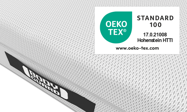 Nahaufnahme BODYGUARD Anti-Kartell-Matratze 70x200. Siegel: Oeko-Tex Standard 100