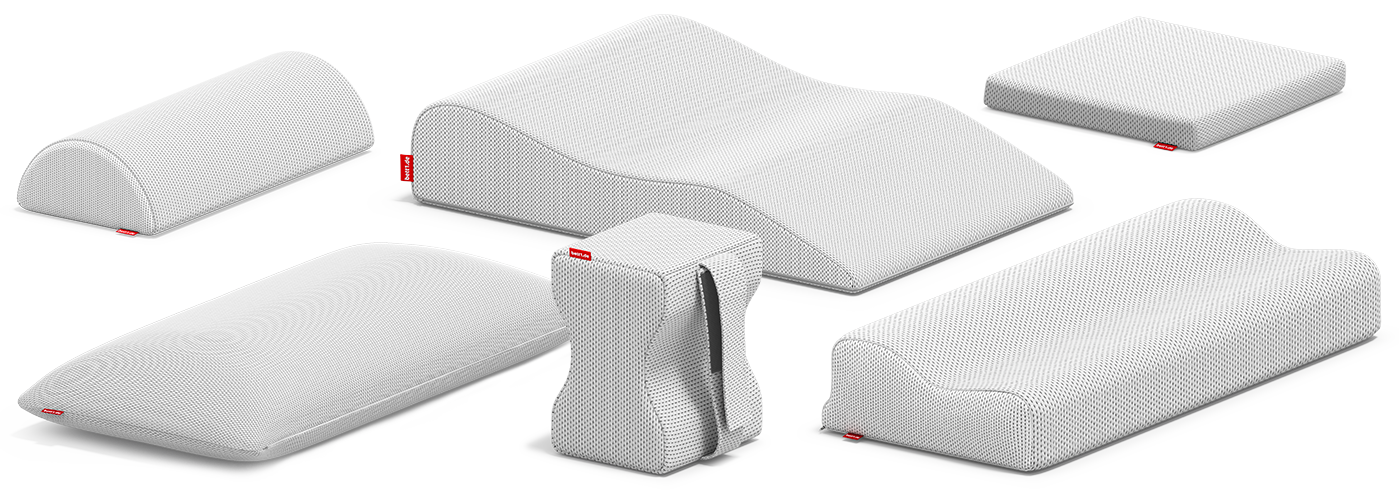 Eine Zusammenstellung der BODYGUARD Kissen von bett1: Nackenstützkissen, Visco-Kissen, Kniekissen, Nackenrolle und Venenkissen