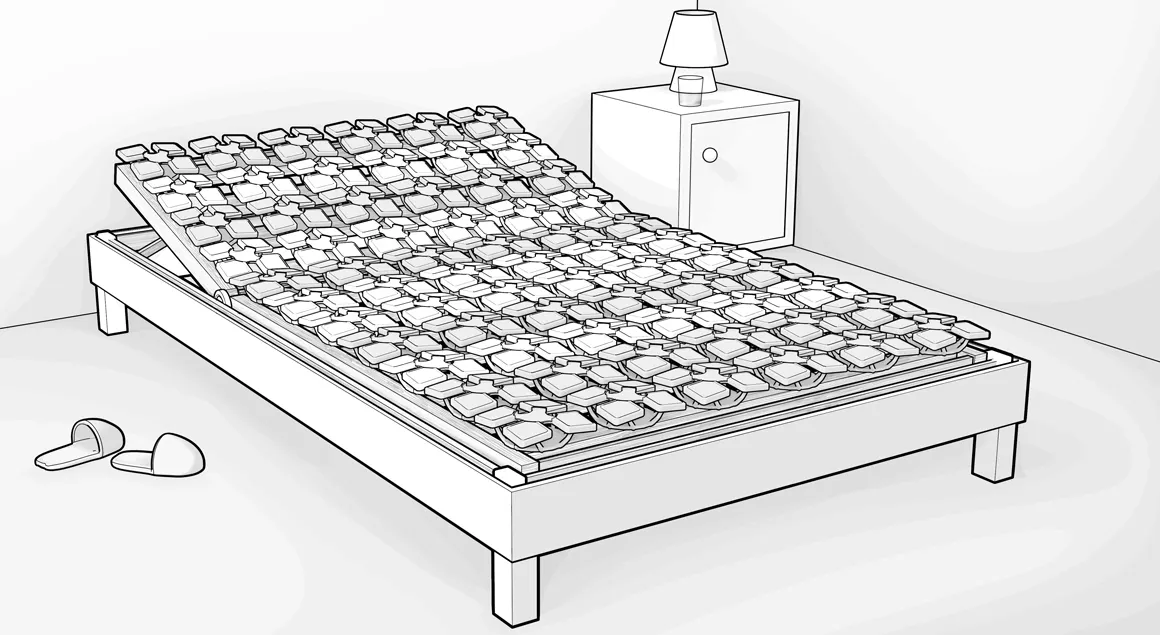 Illustration: Ein Tellerlattenrost mit elastischen Federkörpern und aufgestelltem Kopfteil.