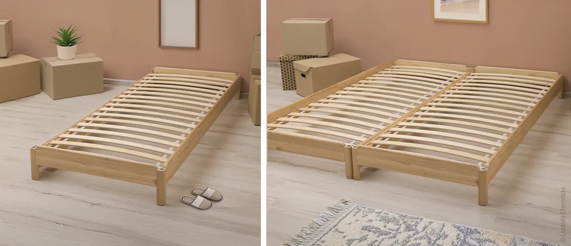 Zweigeteiltes Bild: links ein Bett ohne Matratze mit Lattenrost 90x200 cm im Schlafzimmer, rechts ein Doppelbett mit zwei Lattenrosten 90x200 cm.