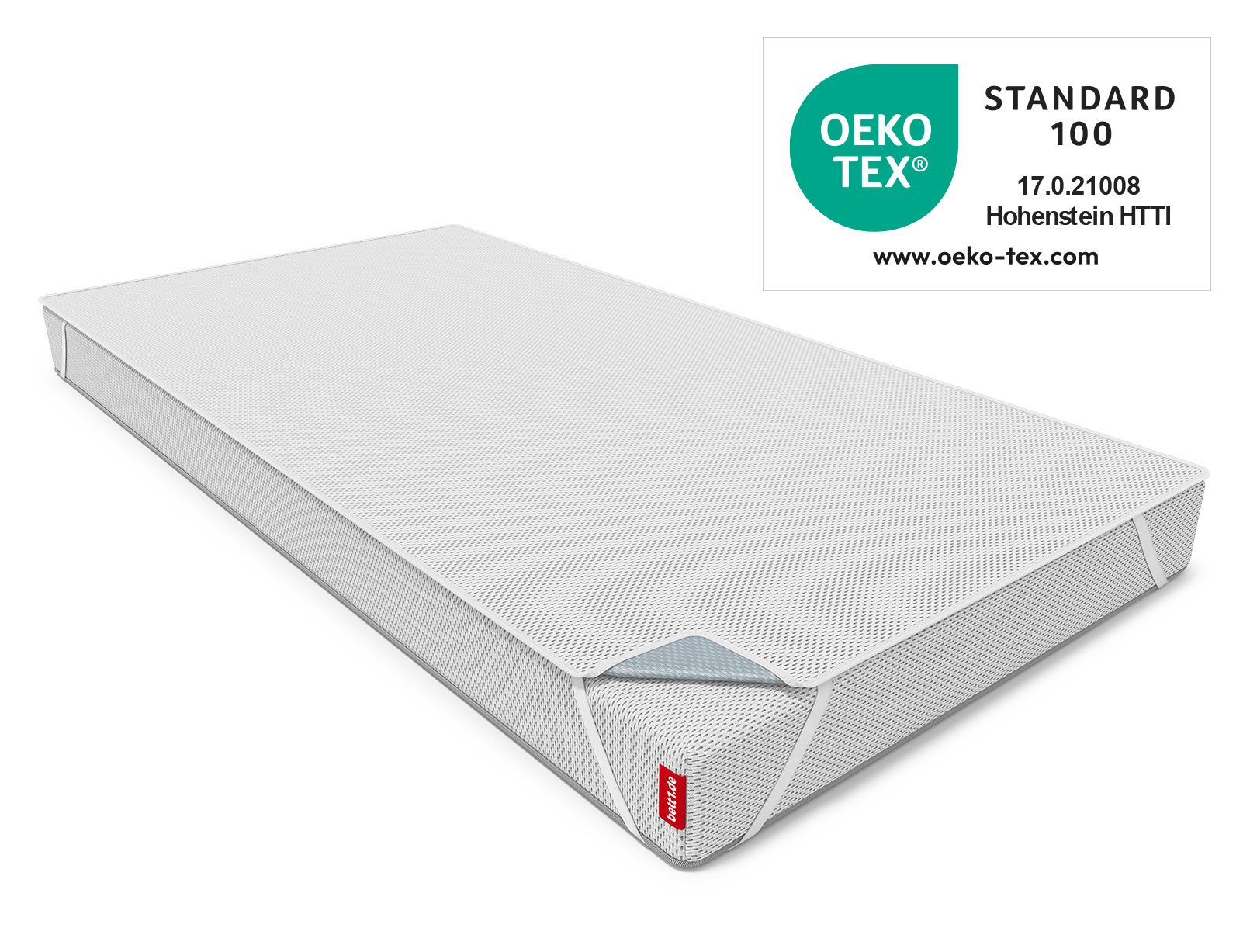Der BODYGUARD® Nässeschutz ist auf der SuperBreeze® Kindermatratze mit den Halteschlaufen befestigt, daneben das Oeko-Tex® Standard 100 Siegel.