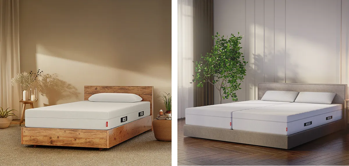 Zweigeteiltes Foto: Links ein Einzelbett mit Matratze 90x200, rechts ein Doppelbett mit zwei Matratzen 90x200.