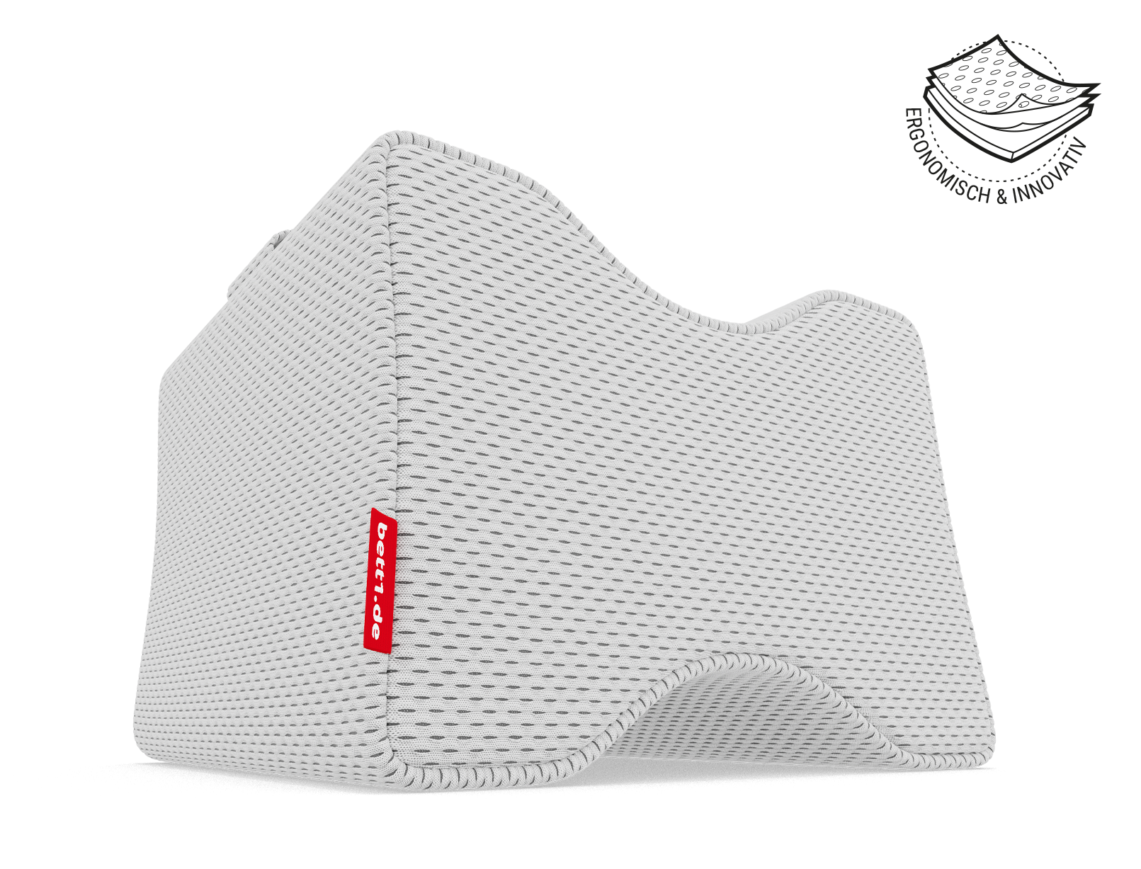Dass Kniekissen. Illustration des Kissenbezugs in drei Schichten. Text: ergonomisch und innovativ