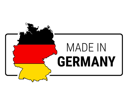 Illustration: Eine Deutschlandkarte in Schwarz-Rot-Gold mit dem Text „Made in Germany“.	