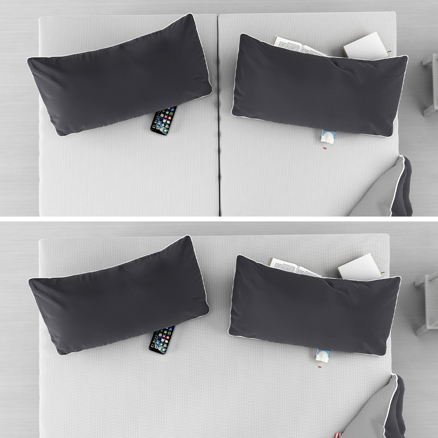 Zweigeteiltes Foto: Oben Draufsicht eines Doppelbetts mit zwei Matratzen 90x220 cm, unten eines Doppelbetts mit einer durchgehenden Matratze 180x220 cm. Die Betten sind mit je zwei Kissen ausgestattet