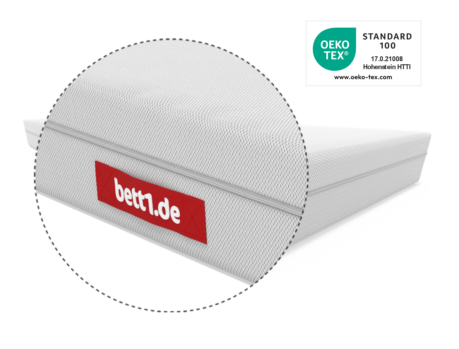 BODYGUARD® Anti-Kartell-Matratze: Zoom auf Griff. Oeko-Tex® Siegel.
