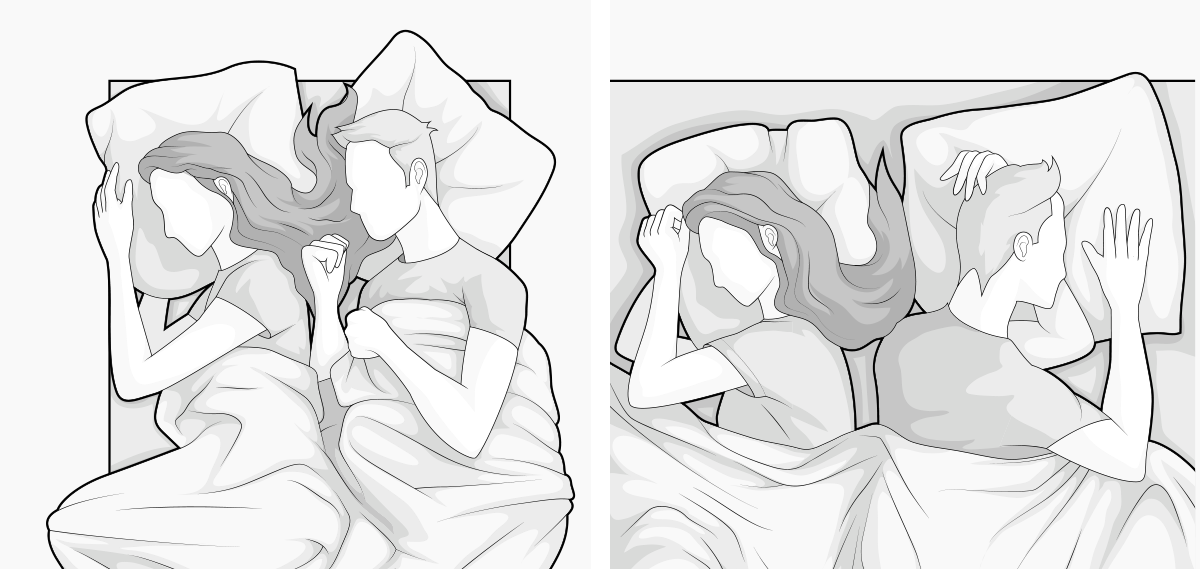 Zweigeteilte Illustration:  links zwei Personen eng beieinander auf einer Matratze 90x190 cm, rechts zwei Personen mit deutlich mehr Platz auf der Matratze.
