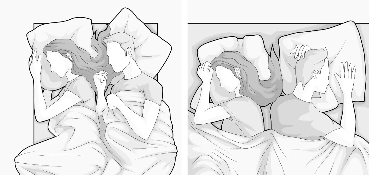 Zweigeteilte Illustration:  links zwei Personen eng beieinander auf einer Matratze 90x190 cm, rechts zwei Personen mit deutlich mehr Platz auf der Matratze.