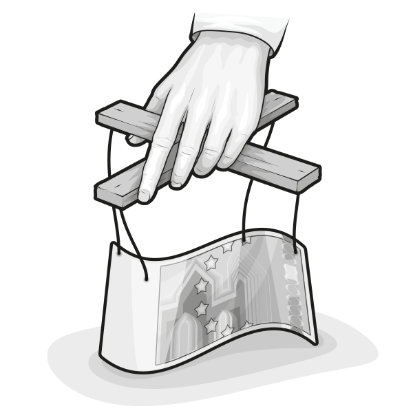 Illustration: Eine Hand hält ein Kreuz an dem Fäden hängen, an denen ein Geldschein befestigt ist